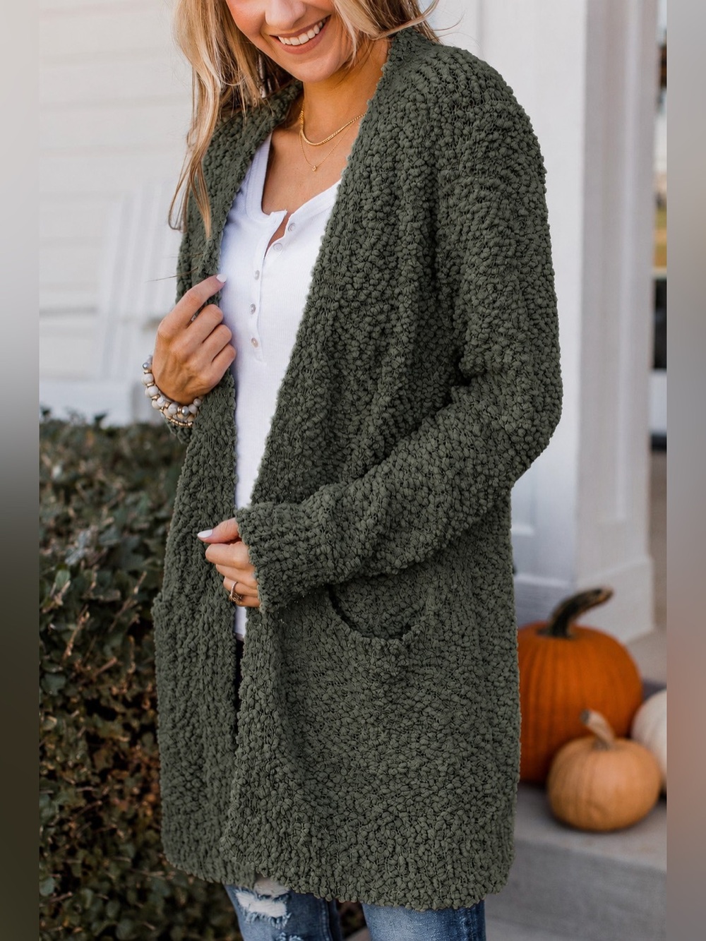 Vici Dark Sage Popcorn Pocketed Cardigan